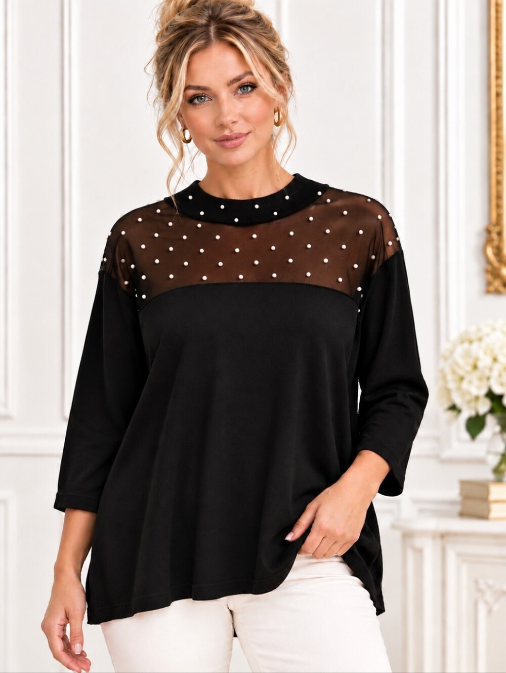 Siren Lily Black Pearl Embellished Sheer Yoke Knit Blouse | Plus Size 3X